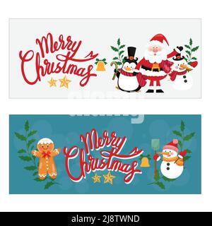 Vector Merry Christmas and Happy New Year greeting cards set with cute Santa Claus and hand drawn lettering with snowman. Stock Vector