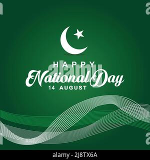 14th August, Happy National day for Pakistan with line art at bottom, in horizontal form on green gradient background Stock Vector