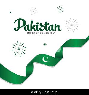 14th August. Pakistan Happy Independence Day greeting card. Waving Pakistan flag and ribbon isolated on white background. background Vector Stock Vector