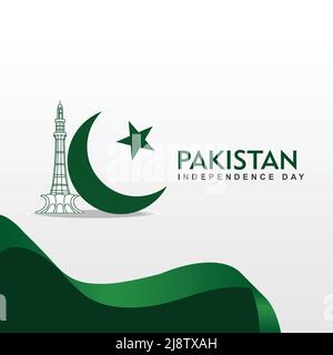 Minar e Pakistan with Pakistan flag moon and star, Pakistan independence day with green gradient at left bottom Stock Vector