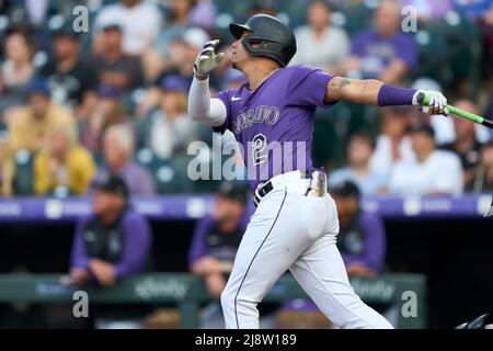 May 5 2022: Washington left fielder Dee Gordon-Strange (9) gets a hit  during the game with Washington Nationals and Colorado Rockies held at  Coors Field in Denver Co. David Seelig/Cal Sport Medi