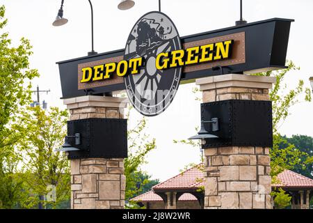 Depot Green, a city green space park in Muskogee, Oklahoma's historic Depot District. (USA) Stock Photo