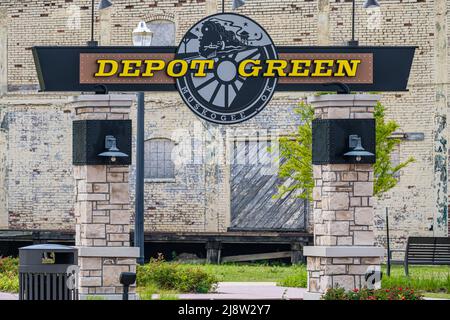 Depot Green, a city green space park in Muskogee, Oklahoma's historic Depot District. (USA) Stock Photo