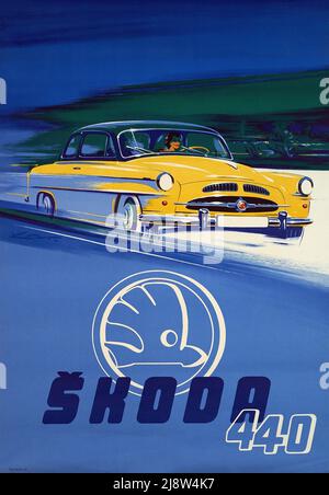 Vintage 1950s automotive art Poster for 1955 Skoda 440. Stock Photo