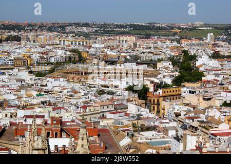 Views over Seville from the top of the tower on the Cathedral. Stock Photo