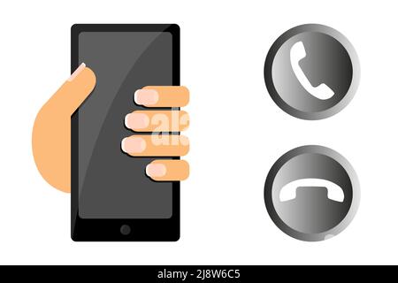 Hand holding a smartphone and two telephone button icon for web. vector illustration Stock Vector