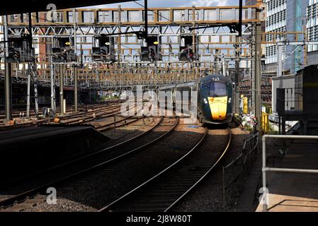 Great Western Railway 800 class Hitachi high speed train entering  Paddington Station, London Stock Photo