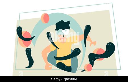 Man on virtual reality and technology device headset. Electronic entertainment glasses game vector illustration concept. Human with digital visual vr Stock Vector