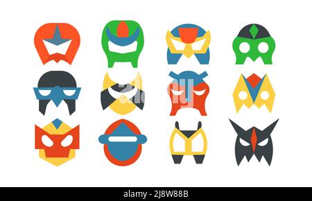 Superhero mask set and power hero person costume. Super comic character face sign vector illustration. Powerful head avatar and collection mystery sav Stock Vector