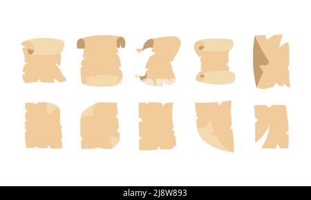 Old paper scroll set and antique parchment document. Ancient blank and vintage manuscript page vector illustration. Retro letter frame or grunge dirty Stock Vector