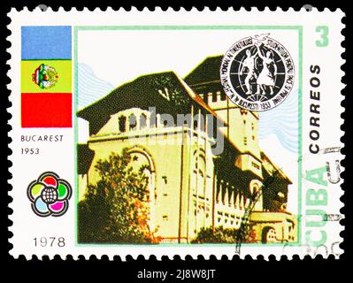 MOSCOW, RUSSIA - MAY 14, 2022: Postage stamp printed in Cuba shows 4th World Youth Festival, Bucharest, 1953, 11th World Youth and Students Festival, Stock Photo