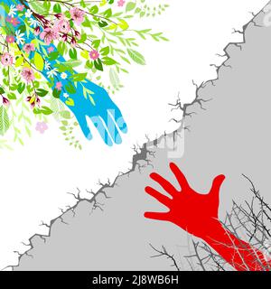 Helping hand. A person helps another. Getting rid of addiction. Alcoholism. Addiction. Vector illustration Stock Vector