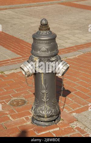 A grey fire hydrant next to a grey car. old fire hydrant.. Stock Photo