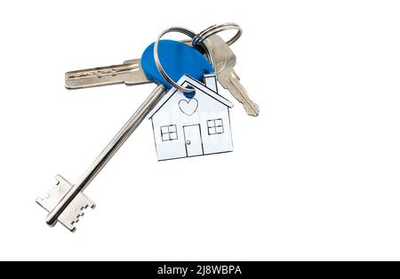 Keys from the house or apartment with a keychain on a white background. Stock Photo
