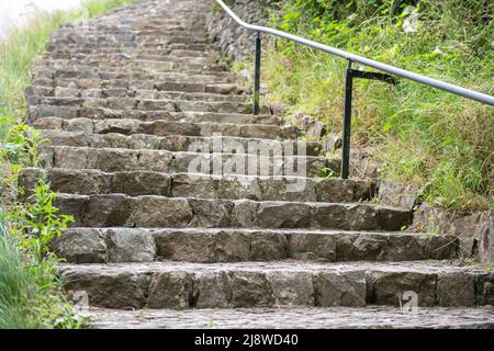 Totnes.Devon.United Kingdom.August 8th 2021.The stairway leading to the top of Totnes castle in Devon Stock Photo