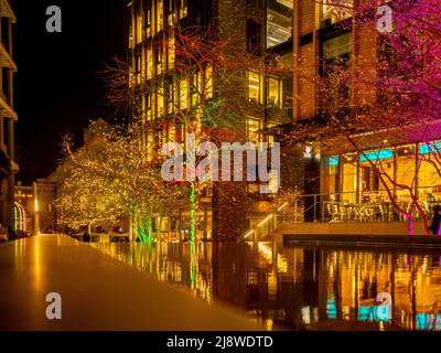 Trees illuminated with coloured light in Pancras Square at night. London. Stock Photo