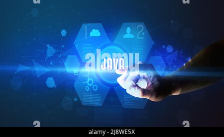 Hand touching digital button concept Stock Photo
