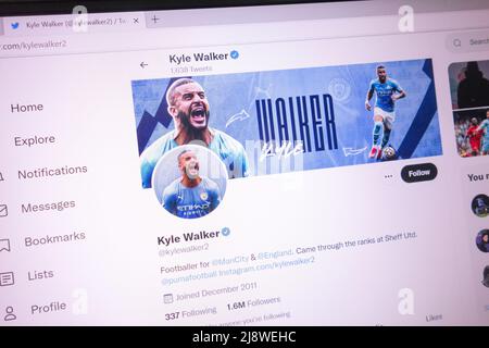 KONSKIE, POLAND - May 18, 2022: Kyle Walker official Twitter account displayed on laptop screen