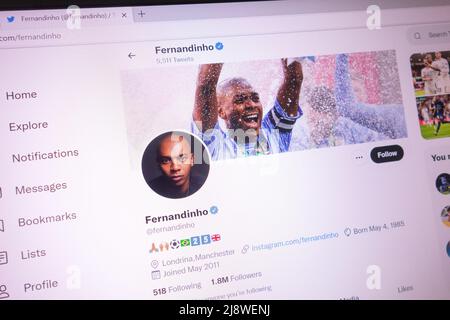 KONSKIE, POLAND - May 18, 2022: Fernandinho official Twitter account displayed on laptop screen