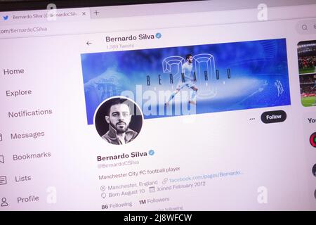 KONSKIE, POLAND - May 18, 2022: Bernardo Silva official Twitter account displayed on laptop screen