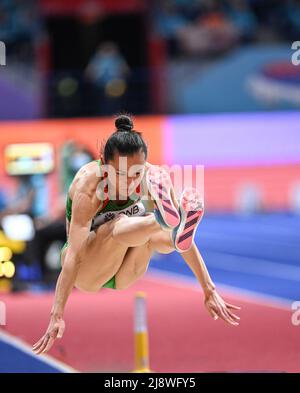 Akela Jones participating in the Belgrade 2022 World Indoor Championships in the Long Jump. Stock Photo