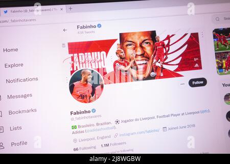 KONSKIE, POLAND - May 18, 2022: Fabinho official Twitter account displayed on laptop screen