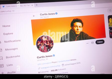 KONSKIE, POLAND - May 18, 2022: Curtis Jones official Twitter account displayed on laptop screen