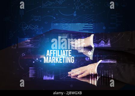 Businessman touching huge screen concept Stock Photo