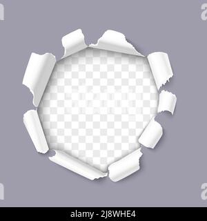 Torn hole and ripped of paper on a transparent background realistic vector template for design Stock Vector