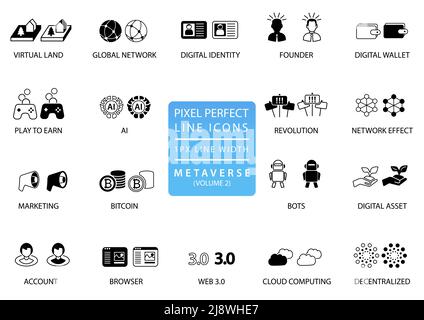 Pixel perfect vector icon set of the meta verse concept. Reusable web symbols in dark and light flat design. Stock Vector