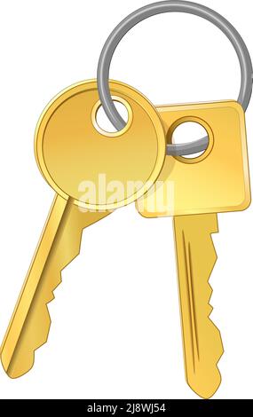 Bunch of two golden keys with ring isolated on white background. sign of key. Vector icon Stock Vector