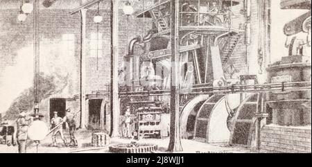 Machine room of the central power station in Berlin. Engraving from 1890. Stock Photo