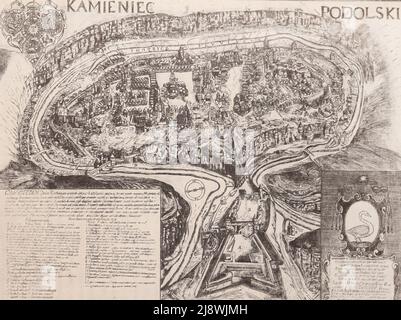 Plan of the city of Kamianets-Podilskyi. Engraving from 1672. Stock Photo