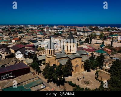 Old city Derbent in Dagestan, aerial drone view. Stock Photo