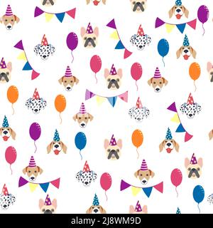 Happy birthday seamless pattern with cartoon dogs of the Dalmatian, Bulldog, Terrier, Corgi breed. Birthday gifts, balloons, sweets and party hats. Stock Vector
