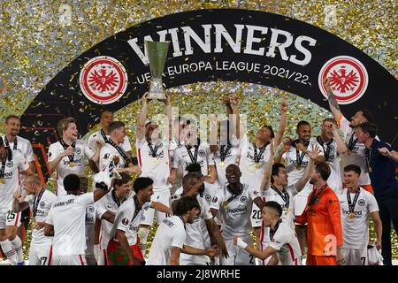 Eintracht Frankfurt players celebrate following the UEFA Europa League Final at the Estadio Ramon Sanchez-Pizjuan, Seville. Picture date: Wednesday May 18, 2022. Stock Photo