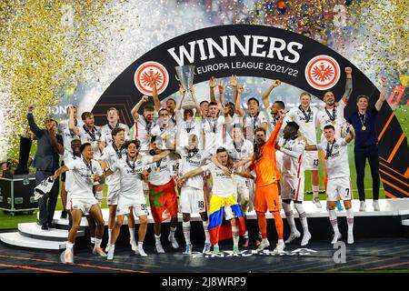 Eintracht Frankfurt players celebrate following the UEFA Europa League Final at the Estadio Ramon Sanchez-Pizjuan, Seville. Picture date: Wednesday May 18, 2022. Stock Photo