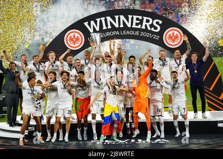 Eintracht Frankfurt players celebrate following the UEFA Europa League Final at the Estadio Ramon Sanchez-Pizjuan, Seville. Picture date: Wednesday May 18, 2022. Stock Photo