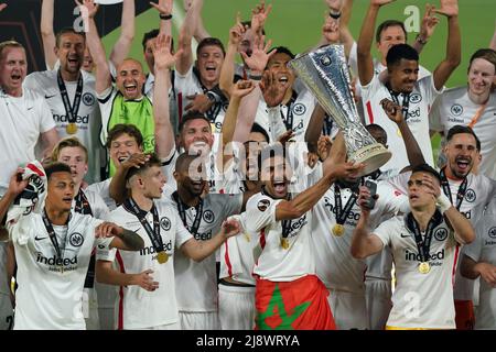 Eintracht Frankfurt players celebrate following the UEFA Europa League Final at the Estadio Ramon Sanchez-Pizjuan, Seville. Picture date: Wednesday May 18, 2022. Stock Photo