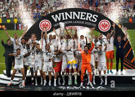 Eintracht Frankfurt players celebrate following the UEFA Europa League Final at the Estadio Ramon Sanchez-Pizjuan, Seville. Picture date: Wednesday May 18, 2022. Stock Photo