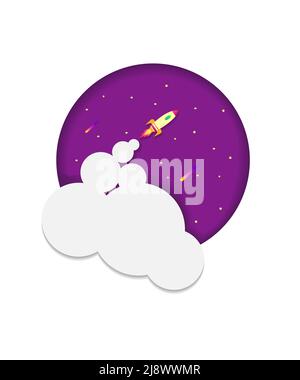 Vector image. Rocket flying into space. Paper style. Stock Vector