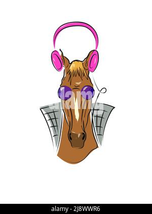 Vector image. The horse in headphones and glasses listens to music. Stock Vector