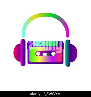 Vector image. Old audio cassette, headphones, color gradient. Stock Vector
