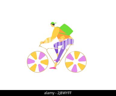 Guy on a bike with a backpack. Color image on a white background. Stock Vector