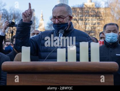 NEW YORK, N.Y. – March 19, 2021: United States Senate Majority Leader Chuck Schumer addresses a vigil for victims of anti-Asian violence. Stock Photo