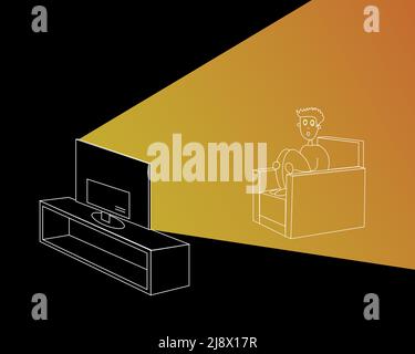 Vector graphics. A guy watches TV in horror. News or events that happen in the world concept. Stock Vector