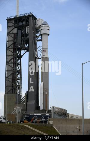 Cape Canaveral, Florida, USA. 18th May, 2022.  United Launch Alliance prepares to launch its Atlas V rocket to boost the Boeing Starliner spacecraft for NASA from Complex 41 at the Cape Canaveral Space Force Station, Florida on Wednesday, May 18, 2022. The unmanned Starliner will rendezvous and dock to the International Space Station as a test for future crewed flights. Photo by Joe Marino/UPI Credit: UPI/Alamy Live News Stock Photo