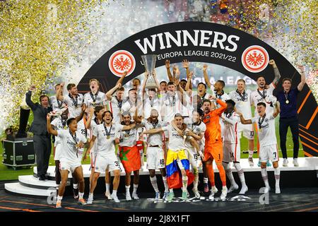 Eintracht Frankfurt players celebrate following the UEFA Europa League Final at the Estadio Ramon Sanchez-Pizjuan, Seville. Picture date: Wednesday May 18, 2022. Stock Photo