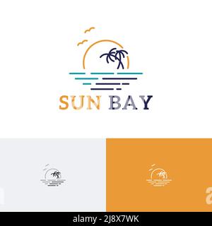 Sun Palm Bay Beach Coast Sea Nature Tour Travel Line Style Logo Stock Vector