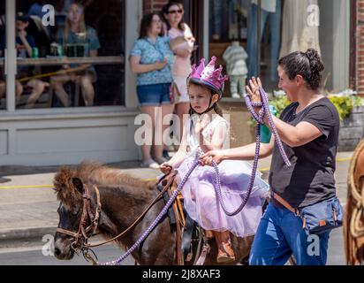 A little girl dressed as a princess riding a pony in the Franklin Rodeo Parade Stock Photo